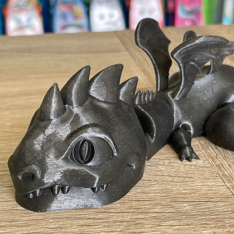 3D Printed Articulated Cute Dragon Black with Gold Glitter