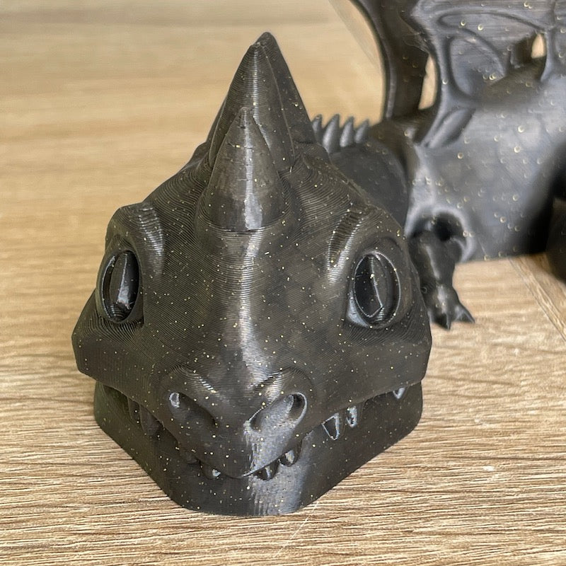 3D Printed Articulated Cute Dragon Black with Gold Glitter