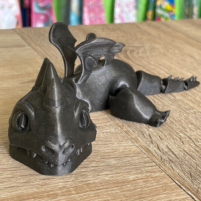 3D Printed Articulated Cute Dragon Black with Gold Glitter