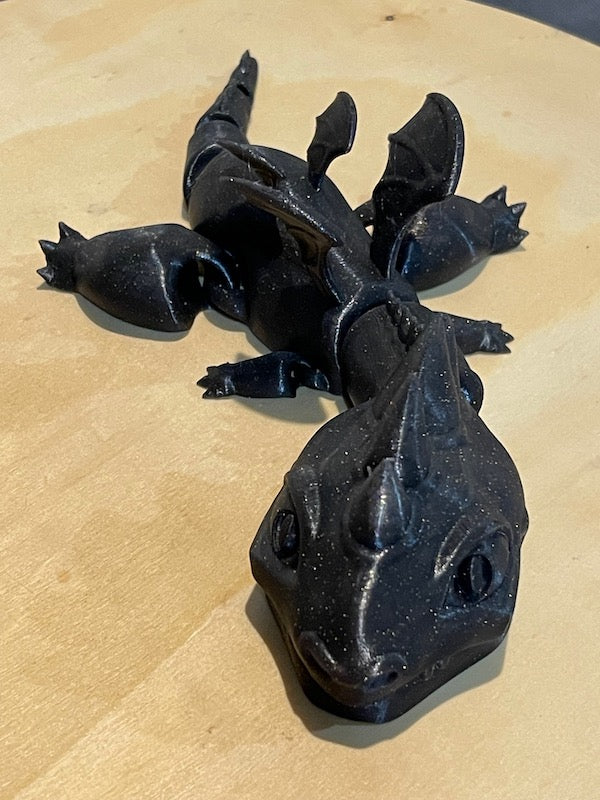 3D Printed Articulated Cute Dragon Black with Gold Glitter