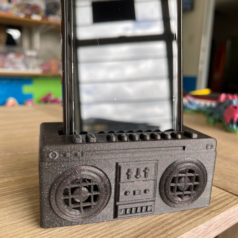 3D Printed Boombox phone amplifier and stand Black with glitter