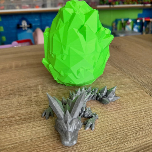 3D Printed Crystal Dragons Egg (Green) and Tadling (tadpole dragon, Silver with Glitter flecks)