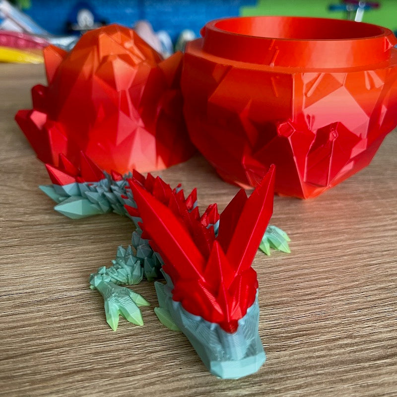 3D Printed Crystal Dragons Egg and Tadling (tadpole dragon) Fire Red