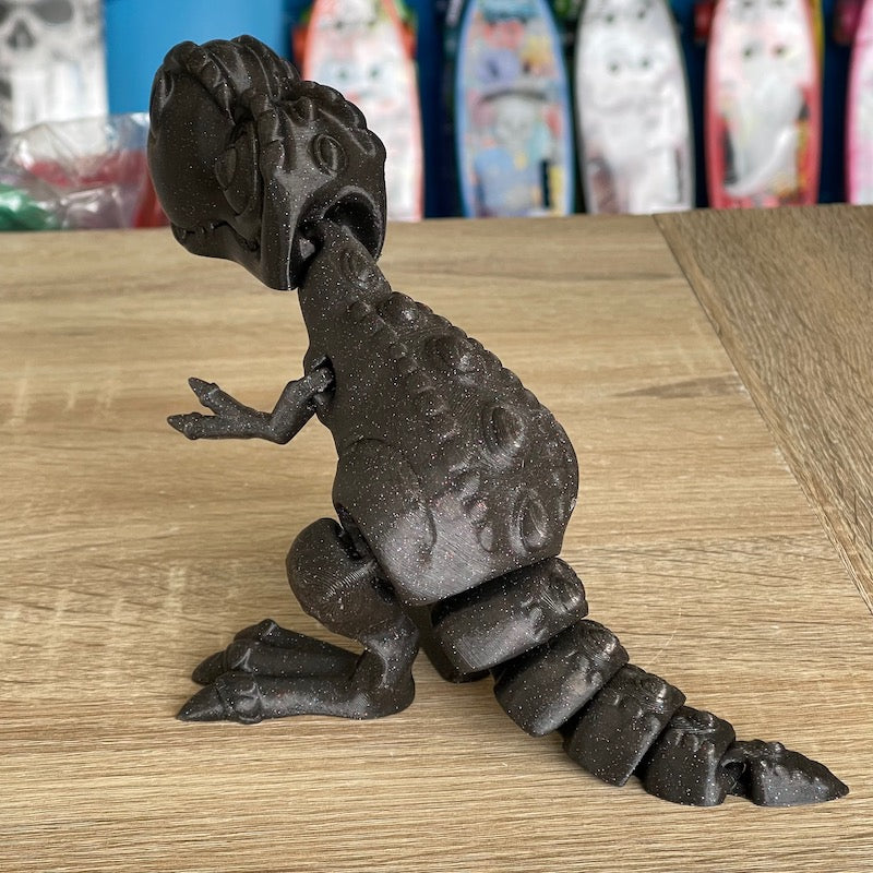 3D Printed T Rex Black silk with Glitter Flecks