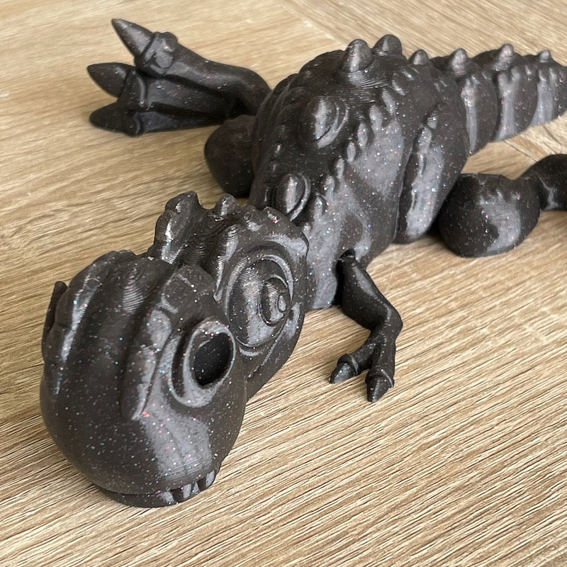 3D Printed T Rex Black silk with Glitter Flecks