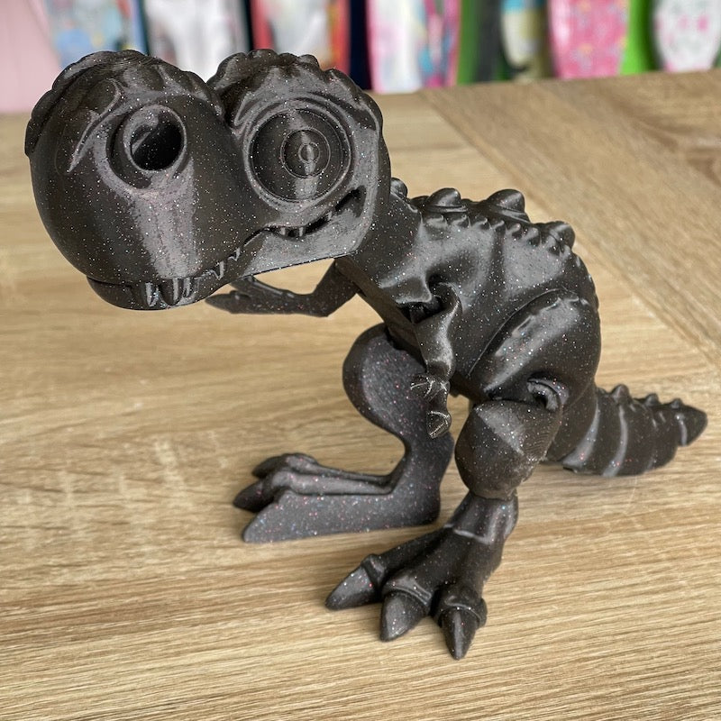 3D Printed T Rex Black silk with Glitter Flecks