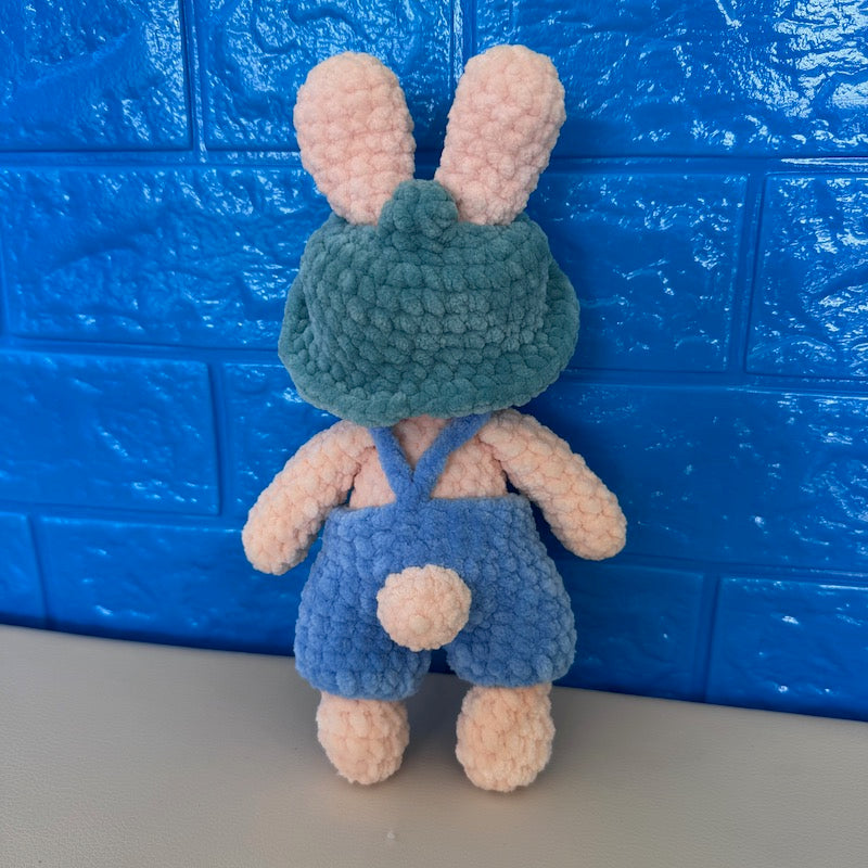 Hand Crocheted Bunny Cream with Blue Overalls