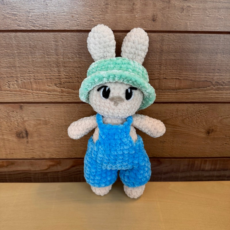 Hand Crocheted Bunny Blue Overalls/green hat