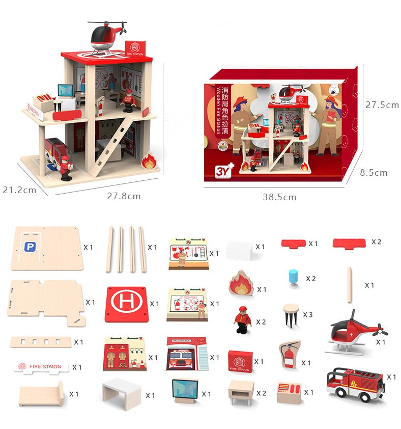 Wooden Fire Station Play Set