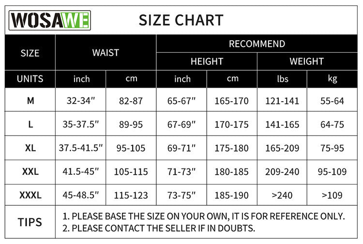 Sports and Mountain Bike Shorts Size Chart