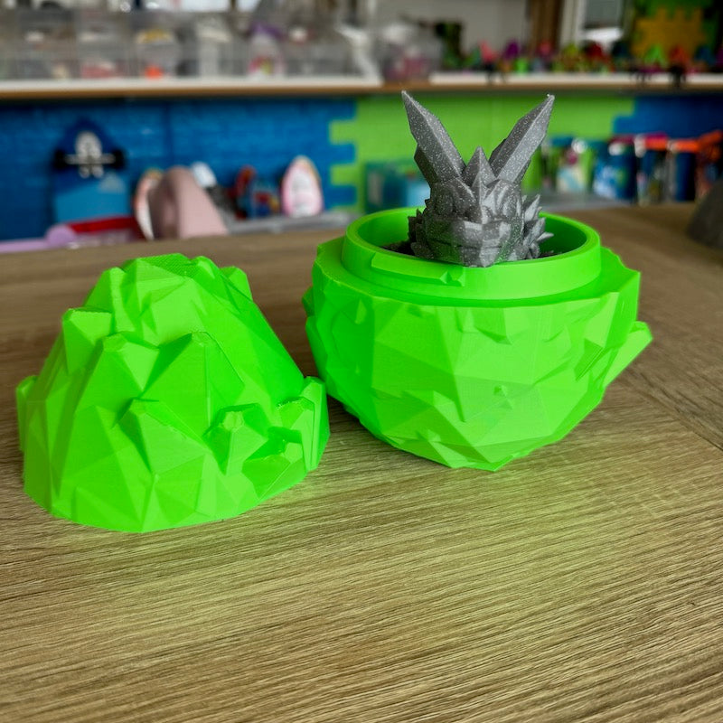 3D Printed Crystal Dragons Egg (Green) and Tadling (tadpole dragon, Silver with Glitter flecks)