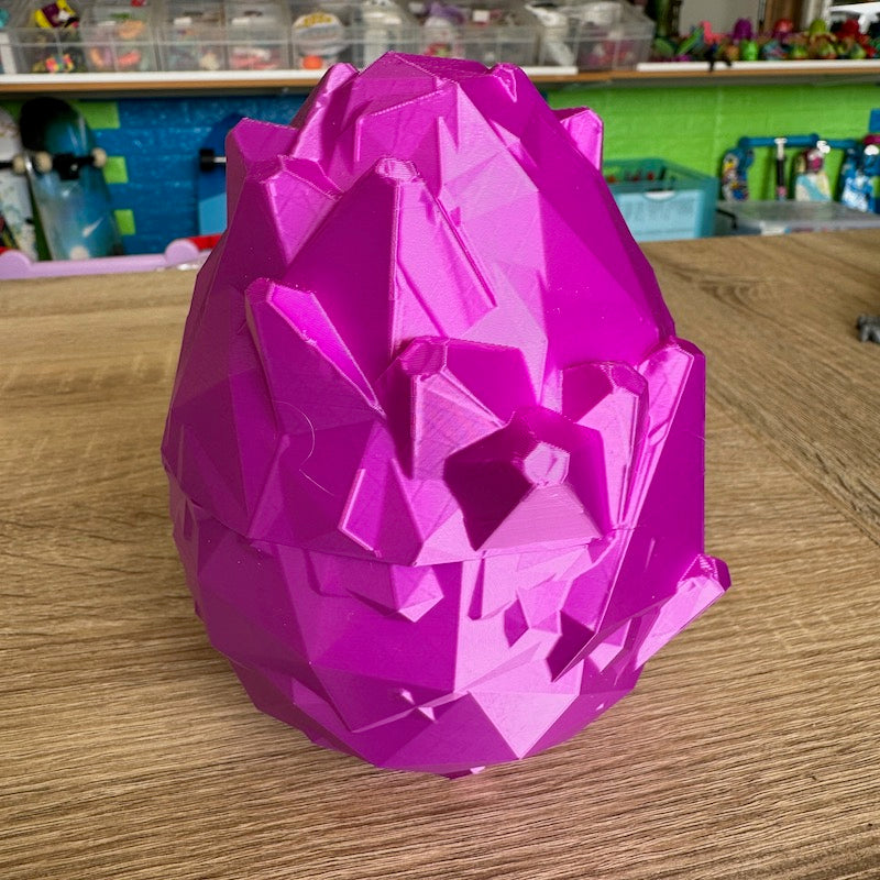 3D Printed Crystal Dragons Egg (Purple Silk) and Tadling (tadpole dragon, Silver with glitter flecks)
