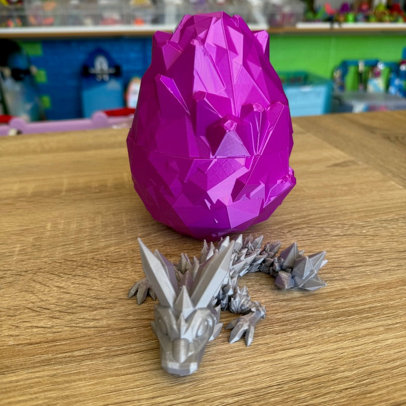 3D Printed Crystal Dragons Egg (Purple) and Tadling (tadpole dragon, Silver)