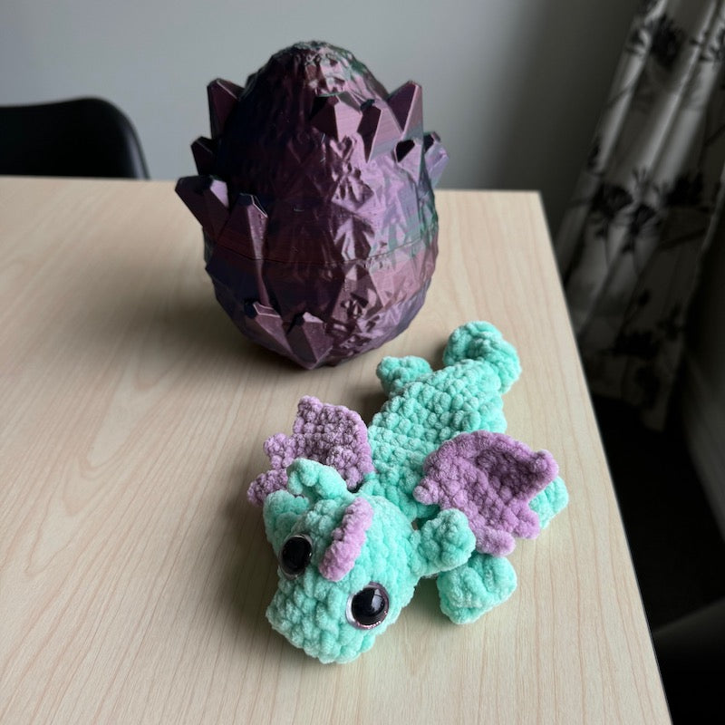 3D Printed Crystal Dragons Egg and hand crocheted Diddy Dex dragon snuggler green