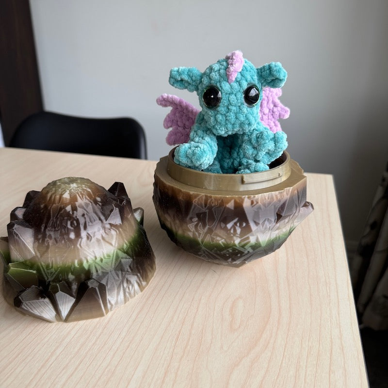 3D Printed Crystal Dragons Egg and hand crocheted Diddy Dex dragon snuggler green and camo