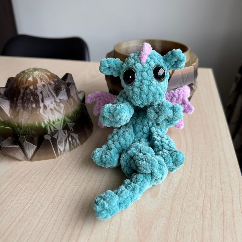 3D Printed Crystal Dragons Egg and hand crocheted Diddy Dex dragon snuggler green and camo