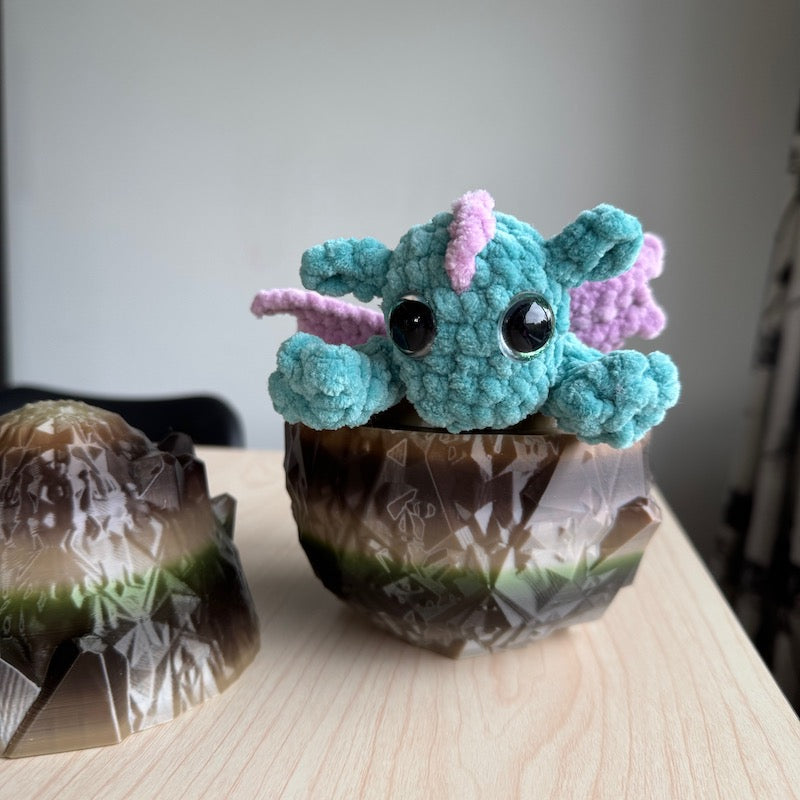 3D Printed Crystal Dragons Egg and hand crocheted Diddy Dex dragon snuggler green and camo