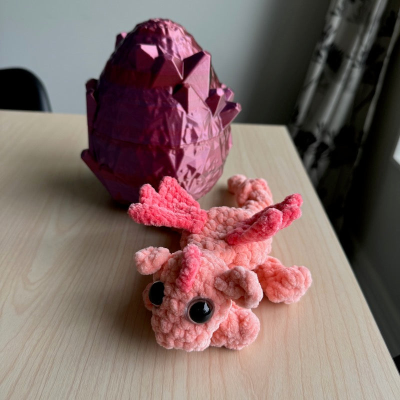 3D Printed Crystal Dragons Egg and hand crocheted Diddy Dex dragon snuggler peach