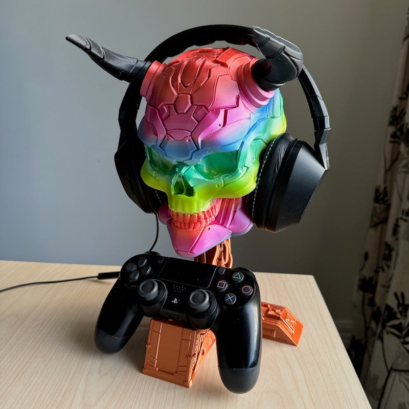 3D Printed Headphone and Controller Stand Rainbow Silk with Bronze base