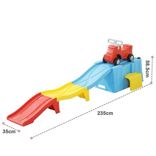 A children's plastic toy slide ramp set with a red slide, yellow middle section, blue elevated ramp, small yellow side bin, and a red toy truck on top. Black dashed lines and text show dimensions: 35cm width, 235cm length, and 58.
