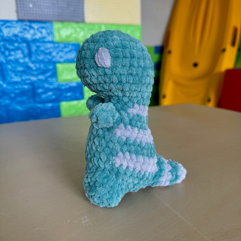 Crochet Dino Plushie green/grey stripes